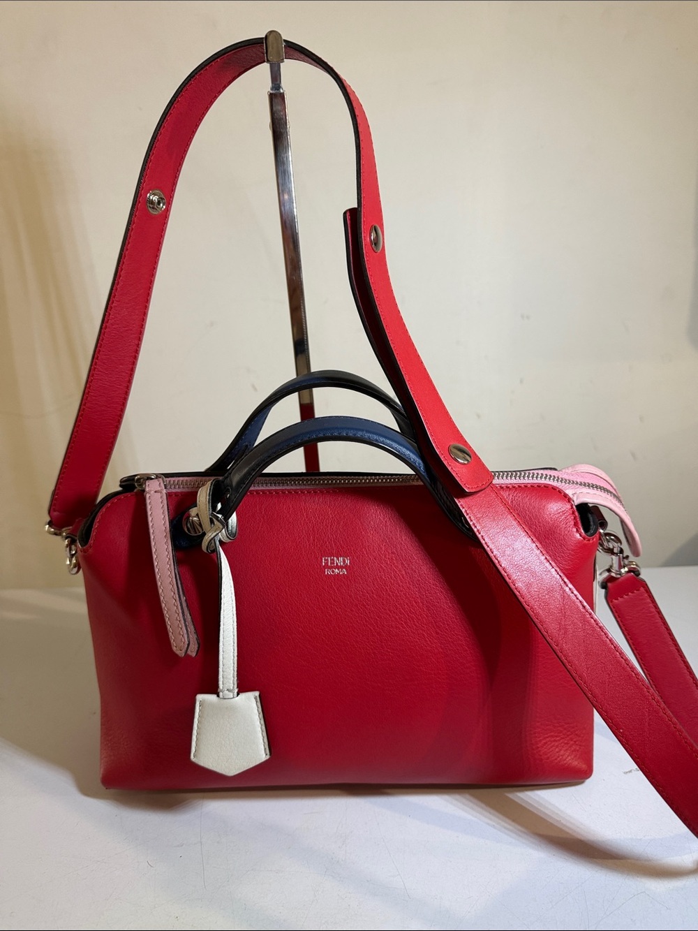 Fendi Red Leather Satchel with Pink and White Accents
